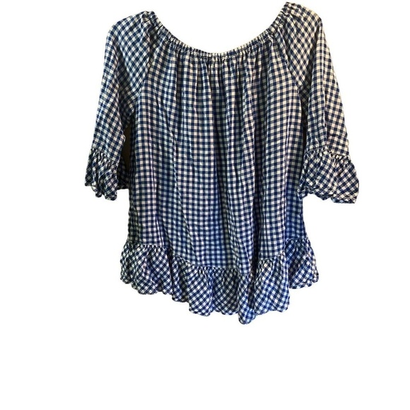 Beach Lunch Lounge Women's Medium Blue Gingham Blouse 3/4 Sleeve ruffle - Picture 8 of 12